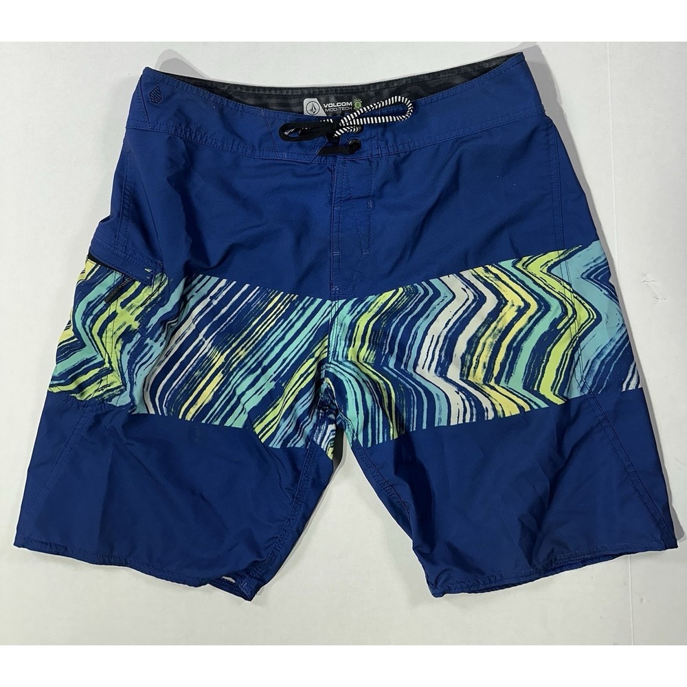 Volcom Mod-Tech Board Shorts Size 32 Blue Green Wave Stripe Swim Trunks Surf